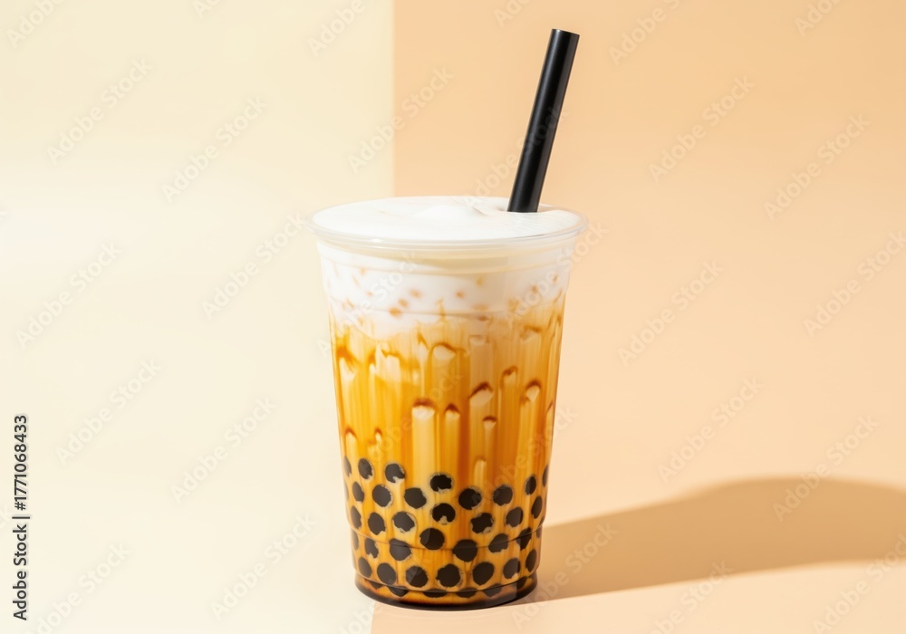 Refreshing brown sugar boba milk tea in a clear plastic cup with a ...