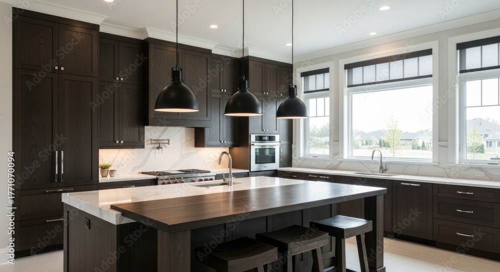 Modern Luxury Kitchen with Dark Wood Cabinets, White Marble Countertops ...