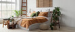 © Pixel-Shot - Interior of cozy bedroom with big bed, tables and plants
