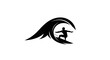 © HASSAN - Silhouette of a surfer riding a wave with arms outstretched on a white background showing the sport