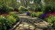 © ELmidoi-AI - Idyllic garden scene perfect for landscape design inspiration, gardening blogs, or serene backgrounds. Stone path winds through colorful flowers, lush greenery. Landscape art.