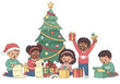 © Best Pixels  - Group of happy diverse children opening Christmas presents together.