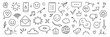 © Polina Tomtosova - Emoji internet sketch icon set. Internet conversation, media outline tech emoji, star, arrow shape. Hand drawn sketch chat emoticon reaction, digital cloud, smile face elements. Vector illustration