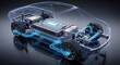 © AucArtStudio - Electric vehicle battery pack and powertrain assembly illustrating renewable energy capacity and efficient electric propulsion with transparent car body showing wiring motor suspension