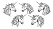 © MD - Graceful monochrome unicorn heads with flowing manes and twisted horns, a mystical collection for fantasy designs.