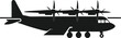 © Rizky - Silhouette of a large propeller plane with four engines, depicted in a side view. The plane has a distinct tail and landing gear, set against a white background.
