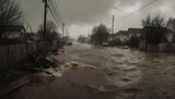 Floodwaters inundate a residential street under a grim sky.  Homes and cars are visible amidst the rising water. Debris floats on the surface