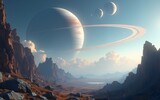 A futuristic landscape with a large planet and rings in the sky. High quality