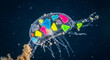 © AucArtStudio - Transparent marine organism with colorful micro plastic fragments visible inside showing plastic micro pollution impact on plankton and ocean life
