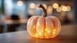 © Igor - Collaborative office environment seasonal decoration with glowing miniature Halloween pumpkin on wooden desk featuring warm illumination and blurred workspace background