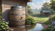 © Rizal Nurrafles - Rainwater Harvesting System A Barrel in a Picturesque Garden Landscape. Sustainable Water