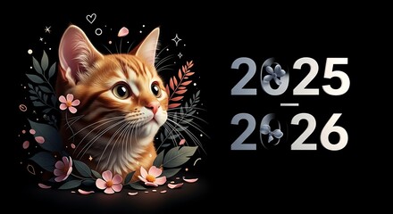  Celebrate 2025 and 2026 with this adorable ginger cat illustration amidst delicate floral accents on a modern black backdrop