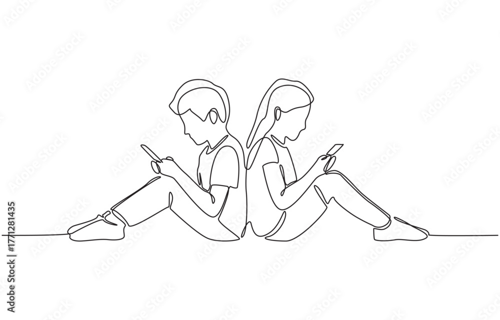 Continuous one line drawing of boy and girl sitting back to back while ...