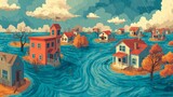 Flooded countryside town with storm rain, overflowing river, and houses submerged in rising water. Climate change disaster illustration.