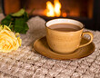 © SEPT-DESIGN - Cozy Photorealistic Scene: Mug of Hot Cider on a Blanket with Fireplace Bokeh Background