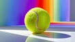 © Nataliia_Trushchenko - Bright yellow tennis ball resting on a reflective surface, surrounded by vibrant rainbow colors in the background, creating a dynamic and energetic atmosphere for sports and recreation themes