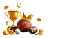 © marozhkastudio - 3d sports betting web banner. American football, baseball and basketball balls with golden crown, championship cup with gold dollar coins on green background. Bet and win in bookmaker