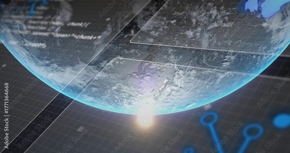 Displaying glowing digital globe floating in holographic workspace ...