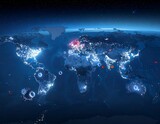 Night view of the globe with glowing cities and infection points