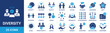 © Luckyicons - Diversity icon set. Containing equality, culture, languages, tolerance, difference, belonging, human rights and ethnicity icons. Solid icon collection. Vector illustration.