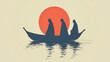 © watz - Three figures in a boat sail towards a large red sun.