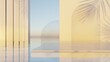 © nuchao - 3d rendering of abstract minimal Geometry background, Empty space with palm leaf shadow on white wall and water, Product presentation backdrop