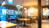 The words 'FREE WIFI' with a Wi-Fi signal icon displayed on a transparent glass wall inside a modern café, with blurred warm ambient background lighting.