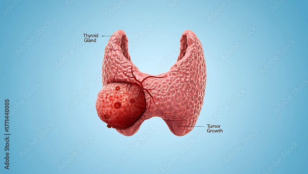 3d render of a thyroid gland with a tumor and labels indicating nodule ...