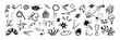 © redgreystock - Hand drawn marker line movement elements, anime manga doodle icon set. Black comic emotion symbols, emoji. Explosion effects, expression signs, emphasis, exclamation mark, action lines in sketch style