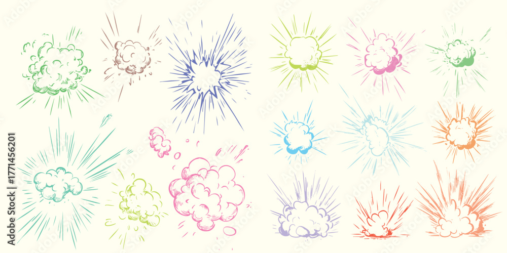 Hand-drawn explosion shape collection with comic blast effect and colorful smoke burst illustration style, perfect for poster, banner, game, or digital artwork design use.