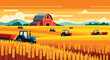 © Naim - Vibrant illustration of a picturesque rural farm at sunset, featuring tractors, wheat fields, and a classic red barn nestled in the countryside