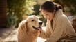 © Olena - Happy woman petting a golden retriever dog outdoors on a sunny day. A smiling woman in a bathrobe enjoys quality time with her beloved golden retriever, creating a heartwarming scene