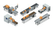 © Ophelia - Isometric conveyor belt systems with parcel boxes in modern factory setting