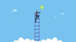 © Saklarboy - Success businessman climb up the ladder up to cloud to catching balloon with dollar money. Ladder of success, achieving financial goals or investor searching for profit and investment return.