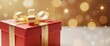 © OlgaNeuroArt - A red Christmas gift box with a gold ribbon bow. Festive holiday present on a sparkling golden bokeh background with copy space