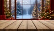 © NK_Media - Wooden table foreground with festive christmas trees and bokeh lights, creating a cozy winter holiday background for product display, featuring copy space