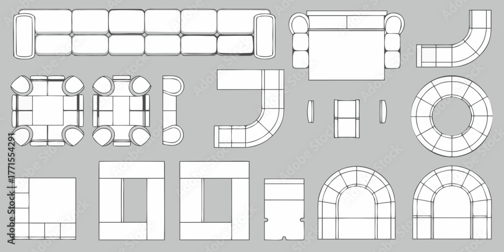 Collection of modern furniture top view line drawings for interior ...