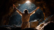 © Kateryna - Jesus Christ standing triumphantly at entrance to empty tomb opening glorious resurrection scene Easter morning victory powerful biblical miracle demonstration Christian faith