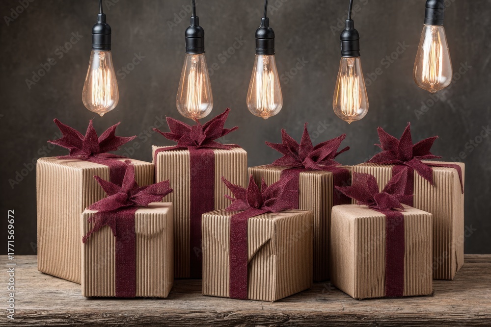 Beautifully wrapped gifts sit on a rustic wooden table, adorned with burgundy ribbons and paper. Soft light bulbs hang above, creating a warm and inviting atmosphere perfect for the holidays.