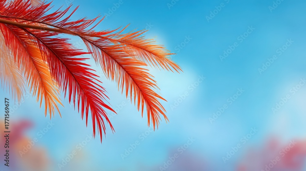 Bright orange and red leaves intertwine on a branch, set against a clear blue sky. This scene captures the essence of autumn and natures changing colors.
