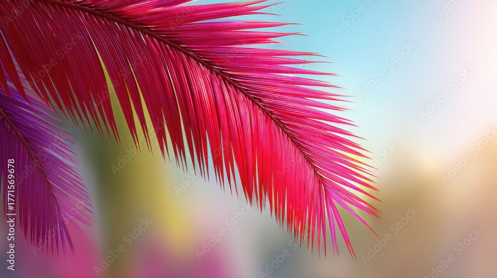 Bright pink palm leaves stretch out across the top of the scene, contrasting with a gentle pastel background. The soft colors suggest a serene tropical setting.