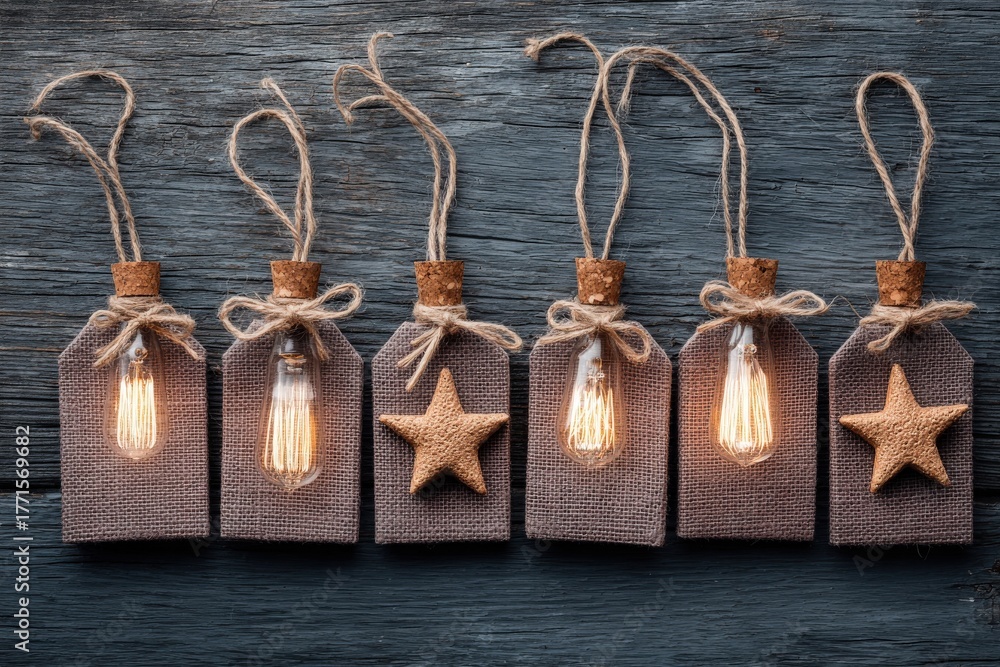 Crafted gift tags made from natural materials feature soft string lights and star shapes. Perfect for adding charm to holiday gifts, showcasing a cozy, rustic style during festive seasons.