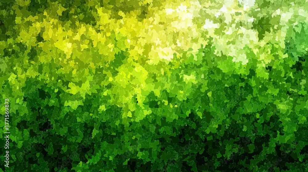 Vibrant green hues blend seamlessly in a lush natural scene. Sunlight filters through dense foliage, creating a calming and peaceful atmosphere. Natures beauty shines brightly.