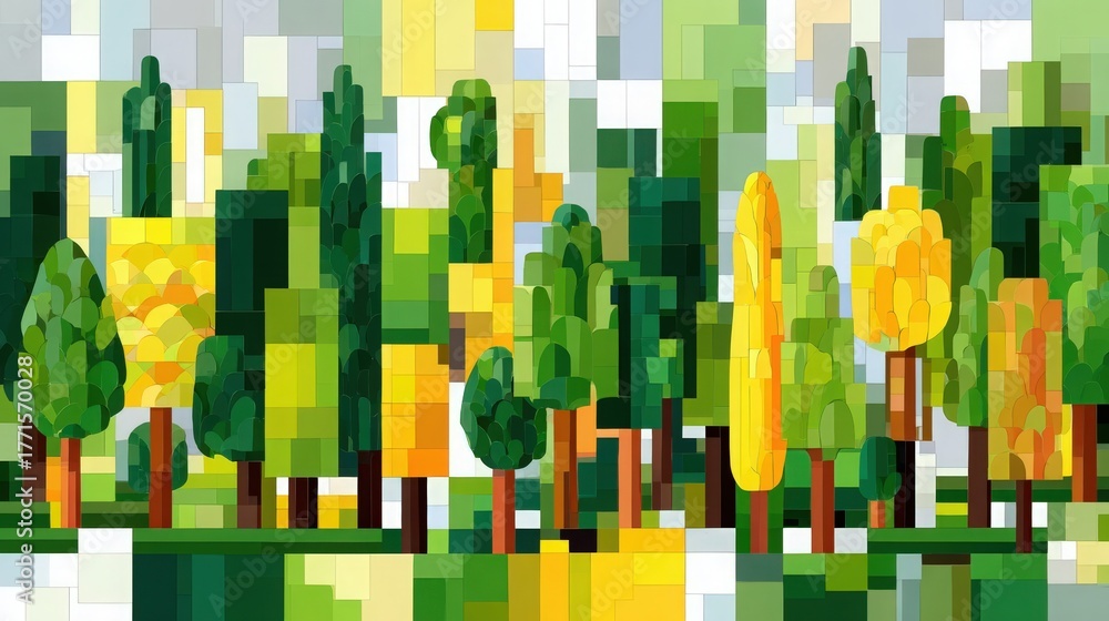 A lively scene showcases a forest filled with various trees in bright colors like green and yellow. The shapes are geometric, creating an abstract view of nature.