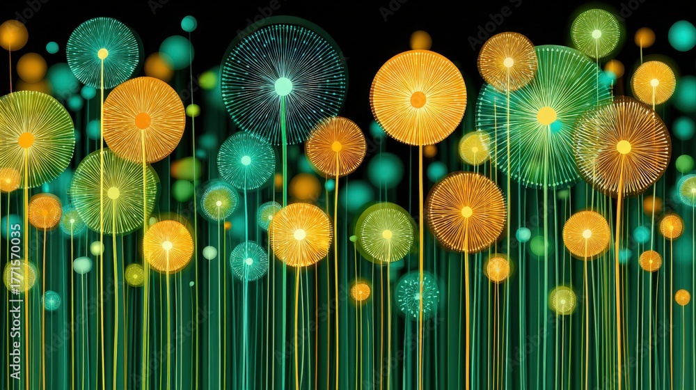 Bright, glowing shapes in shades of orange and teal rise against a dark background, creating a lively and energetic atmosphere.