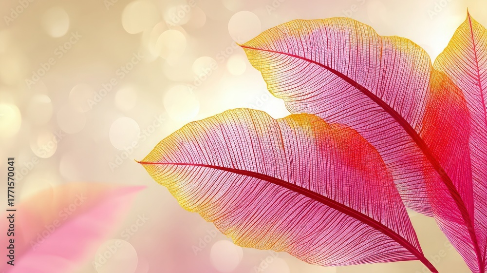 Vibrant pink and yellow leaves display intricate vein patterns, beautifully layered against a soft, blurred background.