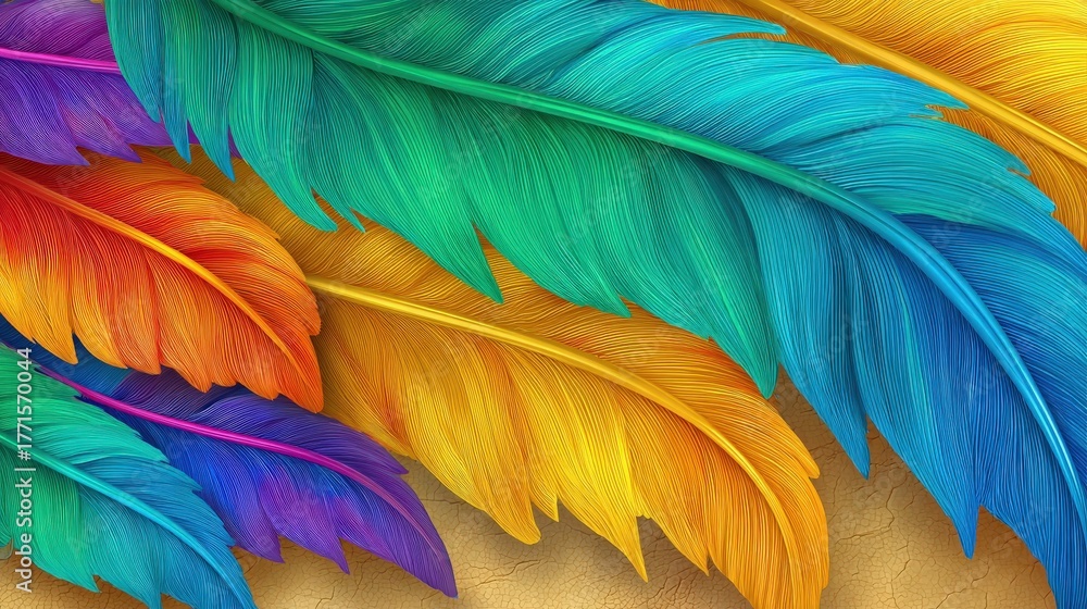 Brightly colored feathers in shades of blue, green, orange, yellow, and purple lie closely together.