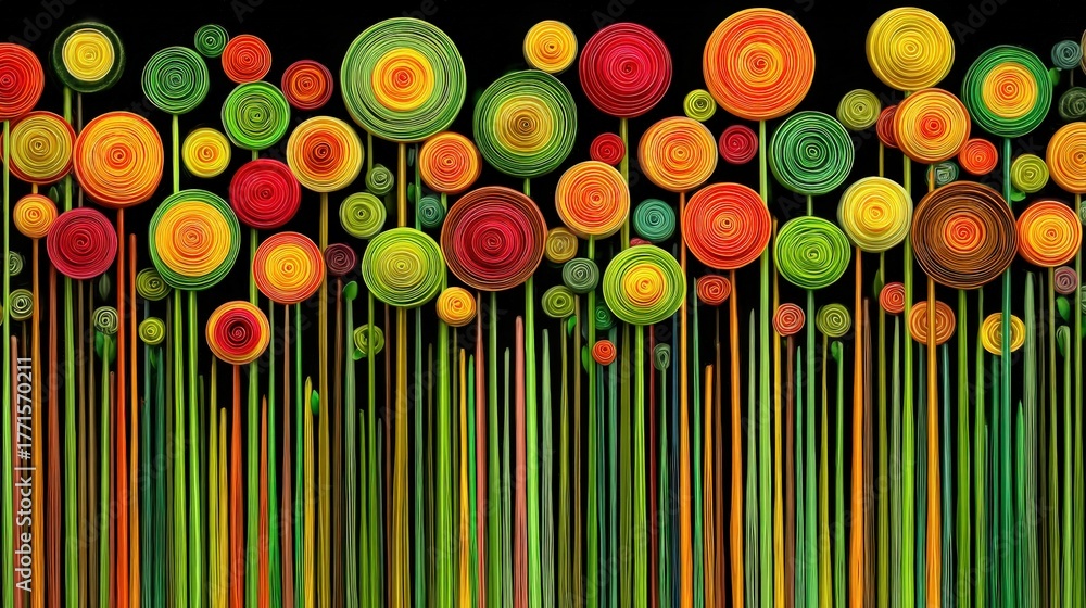 A lively arrangement of colorful spirals, resembling flowers, fills the canvas. Bright reds, greens, and yellows come together in an eye-catching display that captures attention and imagination.