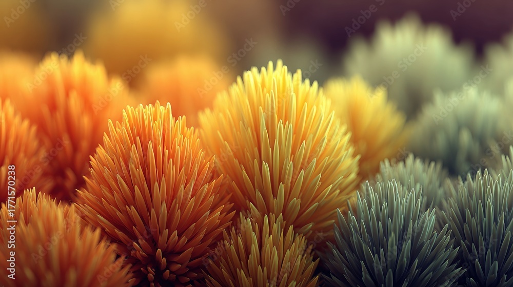 Bright spiky shapes in shades of orange, yellow, and green fill the scene, creating a lush and colorful abstract composition that draws the eye in with its soft, dreamy focus.