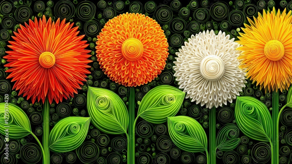 A bright display of quilled paper flowers in red, orange, white, and green. Each flower has distinct shapes and textures. The background features a swirling pattern that enhances the lively scene.